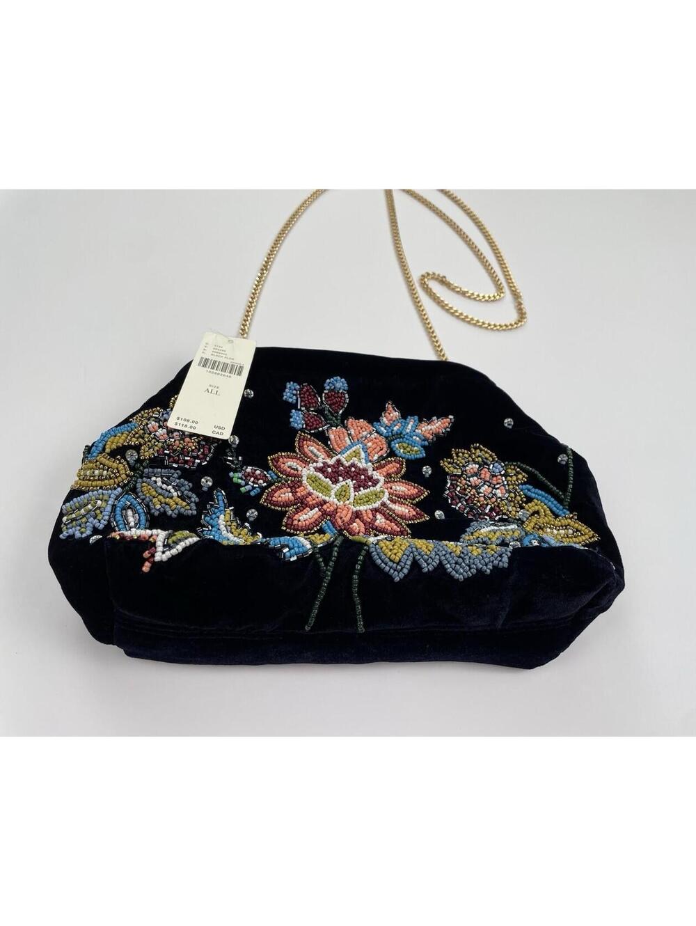 NWT Anthropologie Beaded Floral Velvet Clutch Shoulder Bag With Gold Chain Boho - Picture 4 of 9